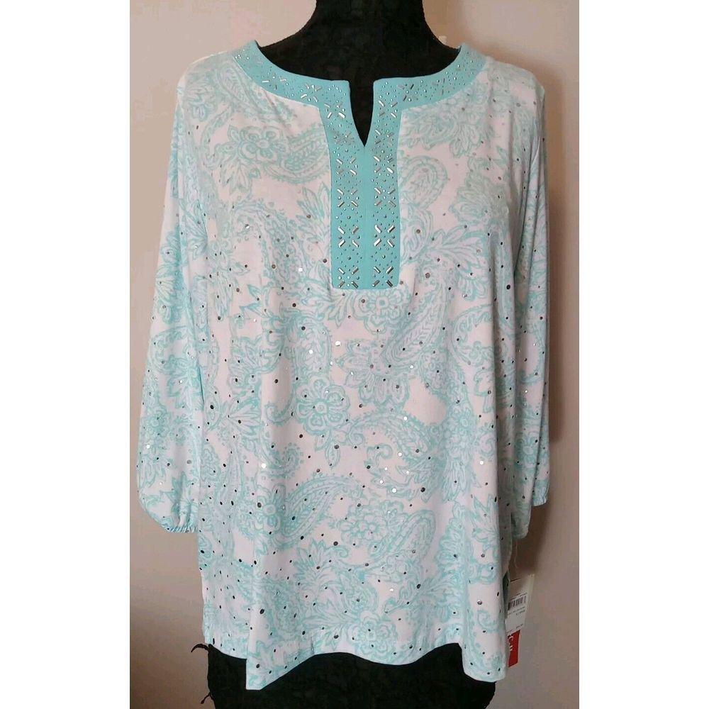 Cathy Daniels Women Blue White‎ Stretch V-Neck Trim Bling Top Size Xl